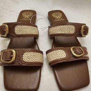 Vince Camuto Tan and Cream Buckle Sandals